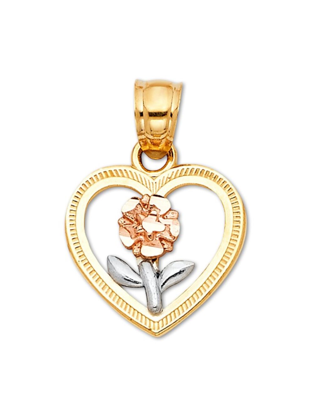 14K Gold Tri-Color Heart Flower Pendant | Dainty Floral Charm By Tehrani Jewelry